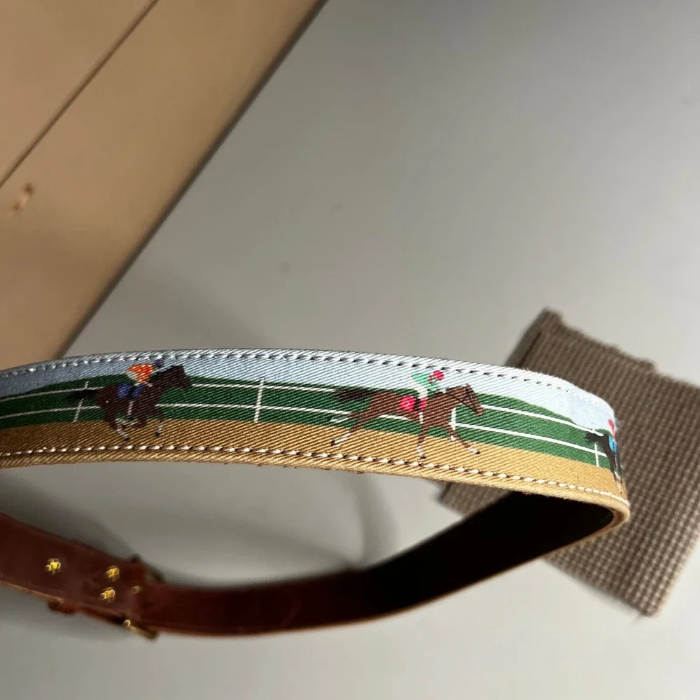 Mens Horse Racing Ribbon Leather Belt Brown Equestrian Derby Size 38